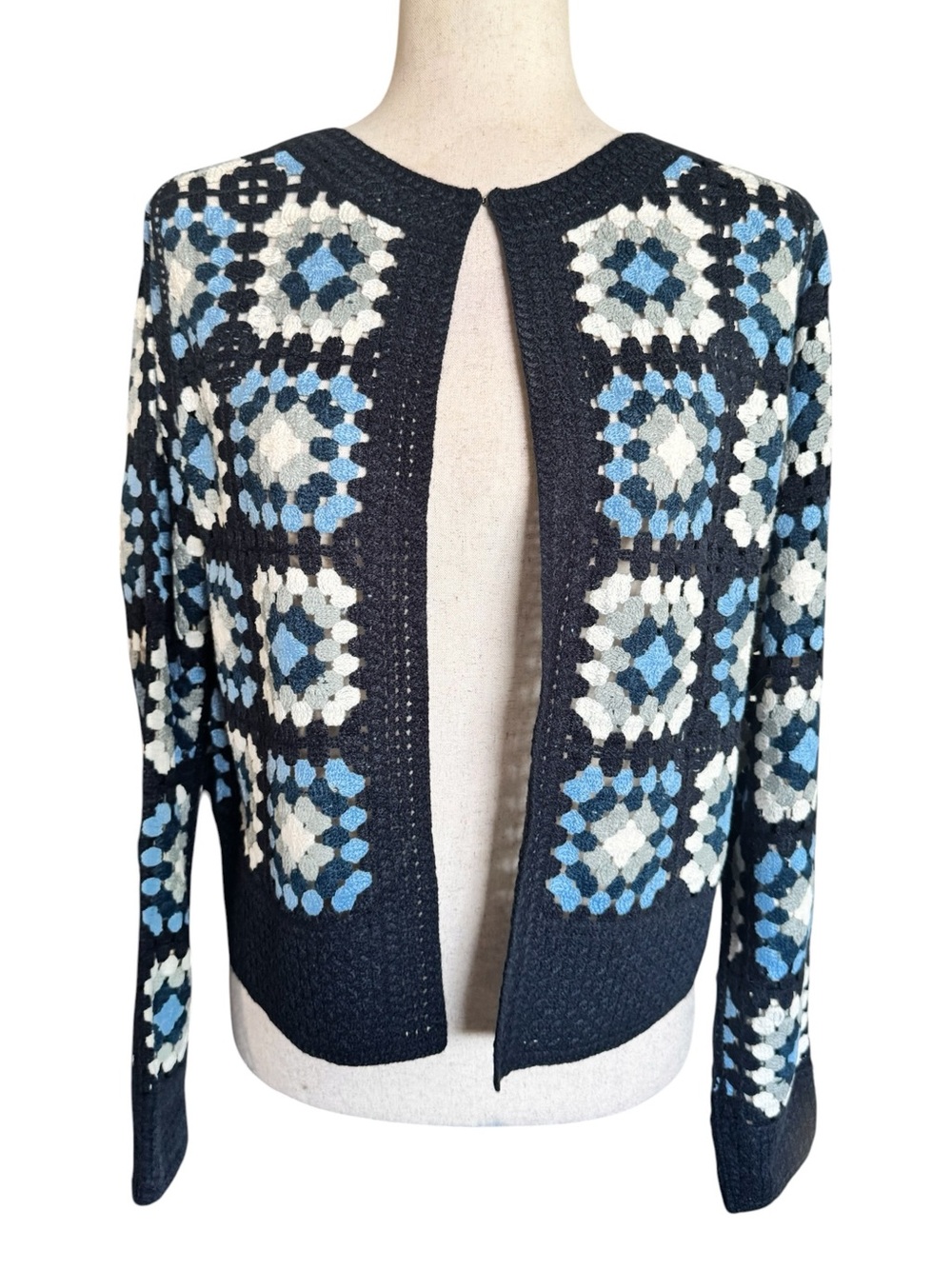 Navy Crochet-Style Open Cardigan with Blue & White Pattern